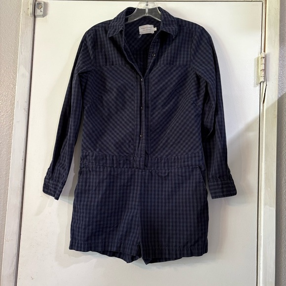 Shades Of Grey Plaid Tartan Blue Green Long Sleeve Romper Button Front Shorts XS - Picture 1 of 11